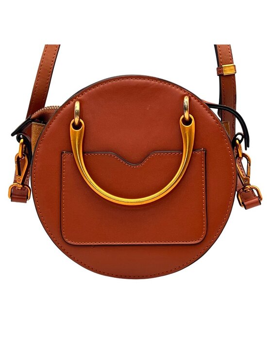 Handbags - Round Leather Crossbody Bag With Gold Handles And Adjustable Strap Brown & Suede